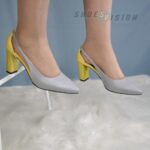 Pantofi eleganti din piele cu toc gros galben cu gri SV048