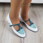 Balerini din piele cu toc mic alb cu turcoaz SV038