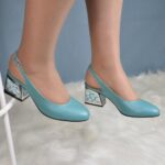 Pantofi eleganti din piele cu toc gros turcoaz SV475 - imagine 2