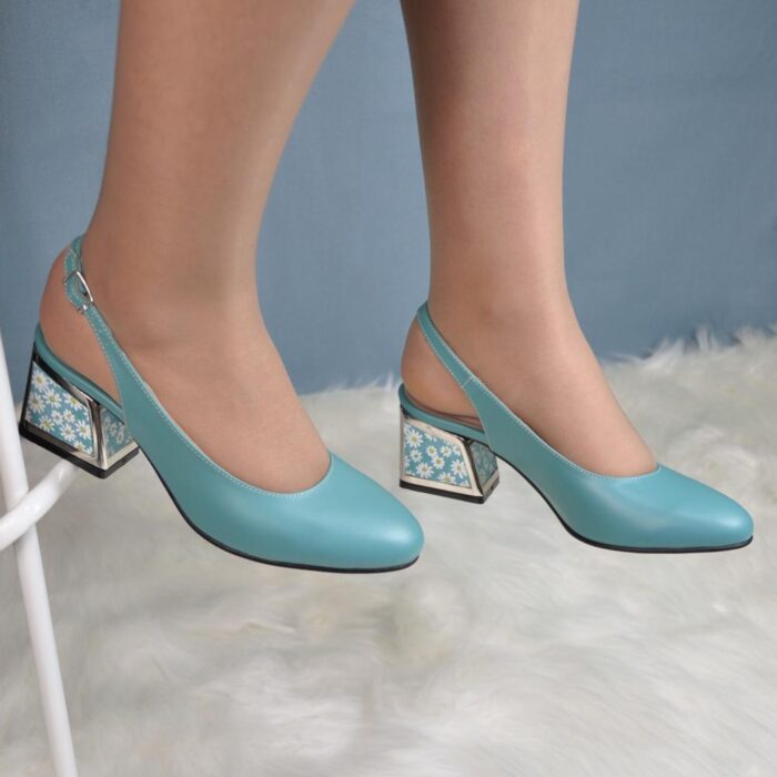 Pantofi eleganti din piele cu toc gros turcoaz SV475 - imagine 2