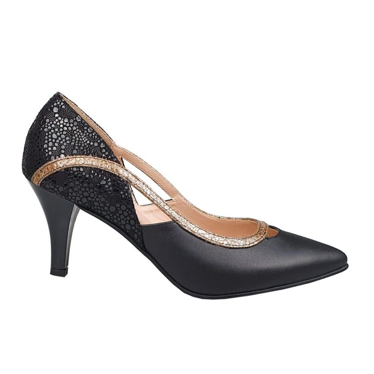 pantofi stiletto piele negru auriu