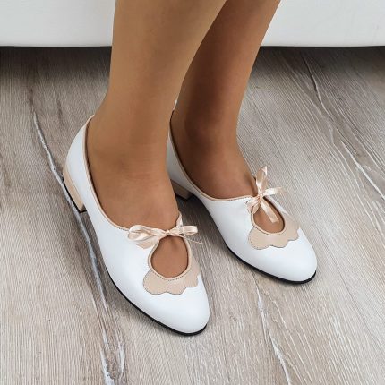 Balerini din piele cu toc mic alb cu turcoaz SV0022
