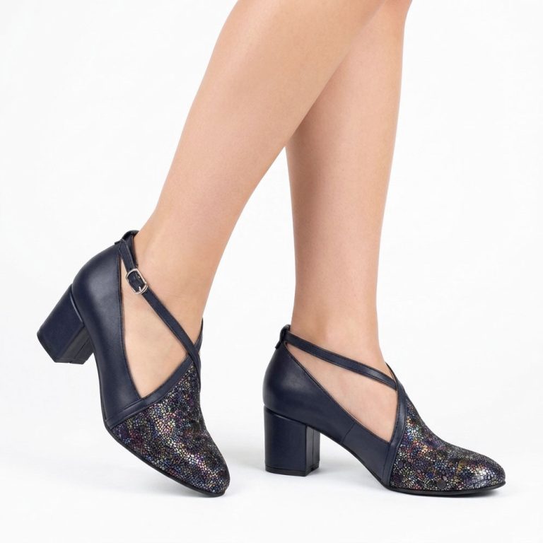 pantofi bleumarin cu toc mic si barete teo
