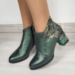 botine verzi din piele cu toc mic SV404