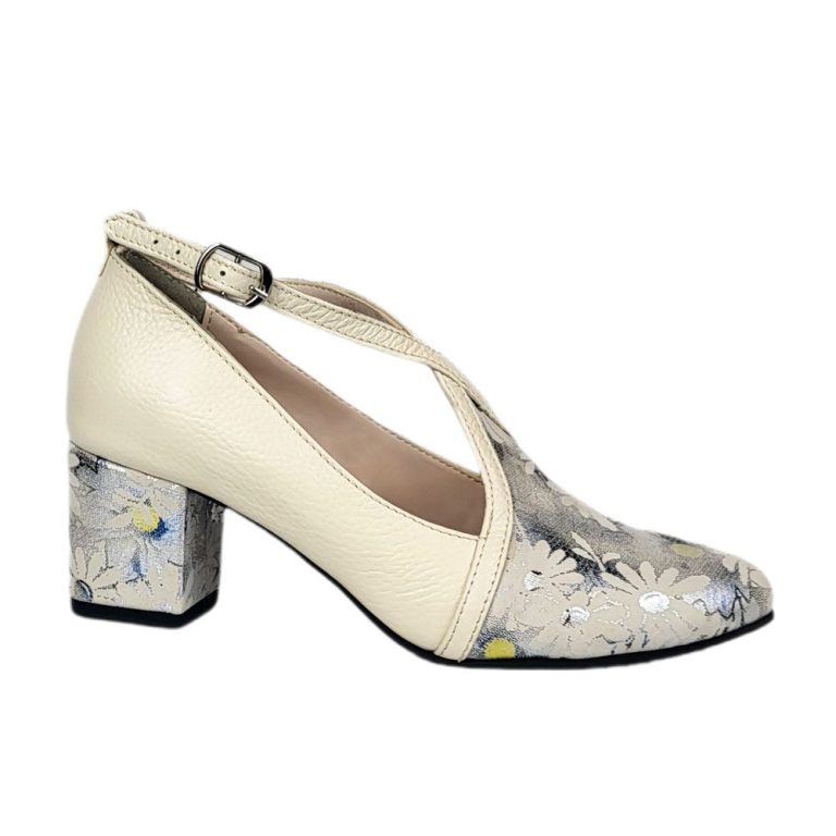 pantofi dama eleganti din piele naturala bej unt barete toc mic floral1
