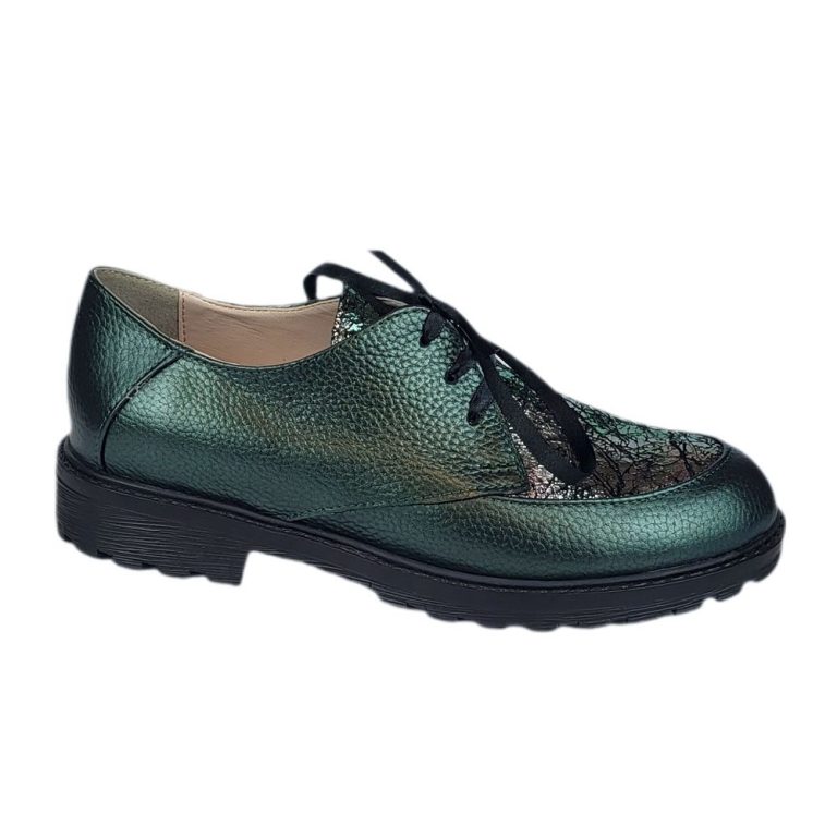 pantofi dama office eleganti cu talpa joasa din piele naturala verzi cu siret aruna