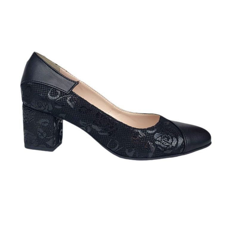 pantofi dama piele naturala negri toc mic aleena eleganti trandafiri