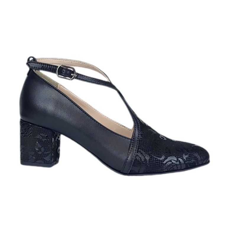 pantofi dama piele naturala negri toc mic trandafiri