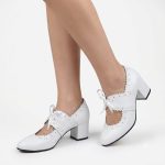 Pantofi eleganti din piele cu toc mic alb SV136 - imagine 2