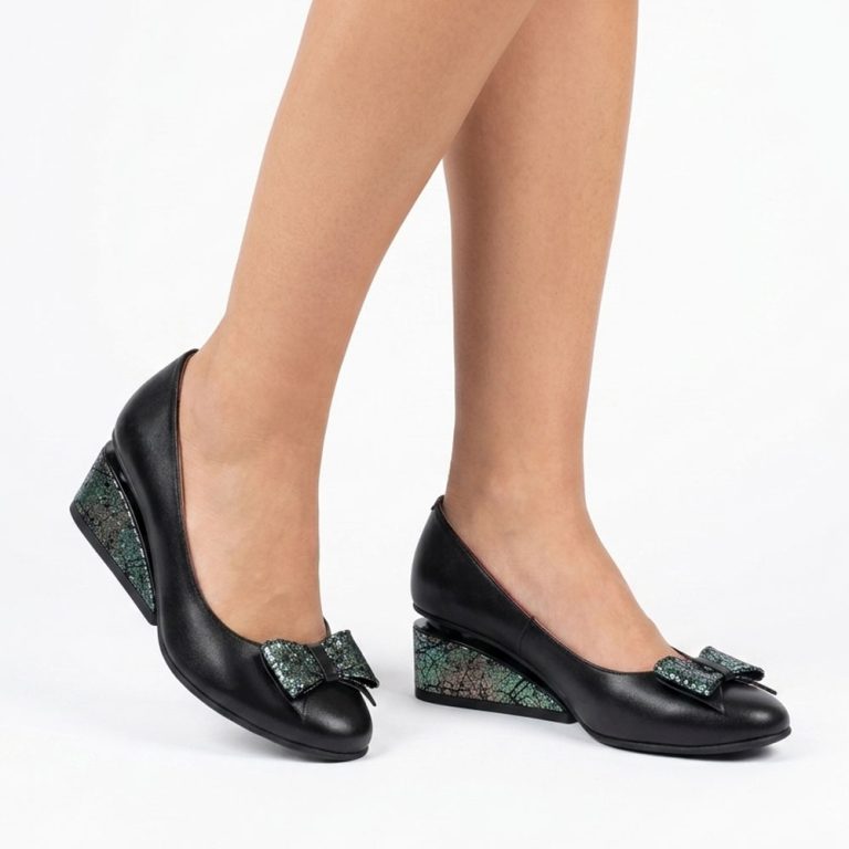 pantofi negri toc ortopedic dama eleganti din piele elvira