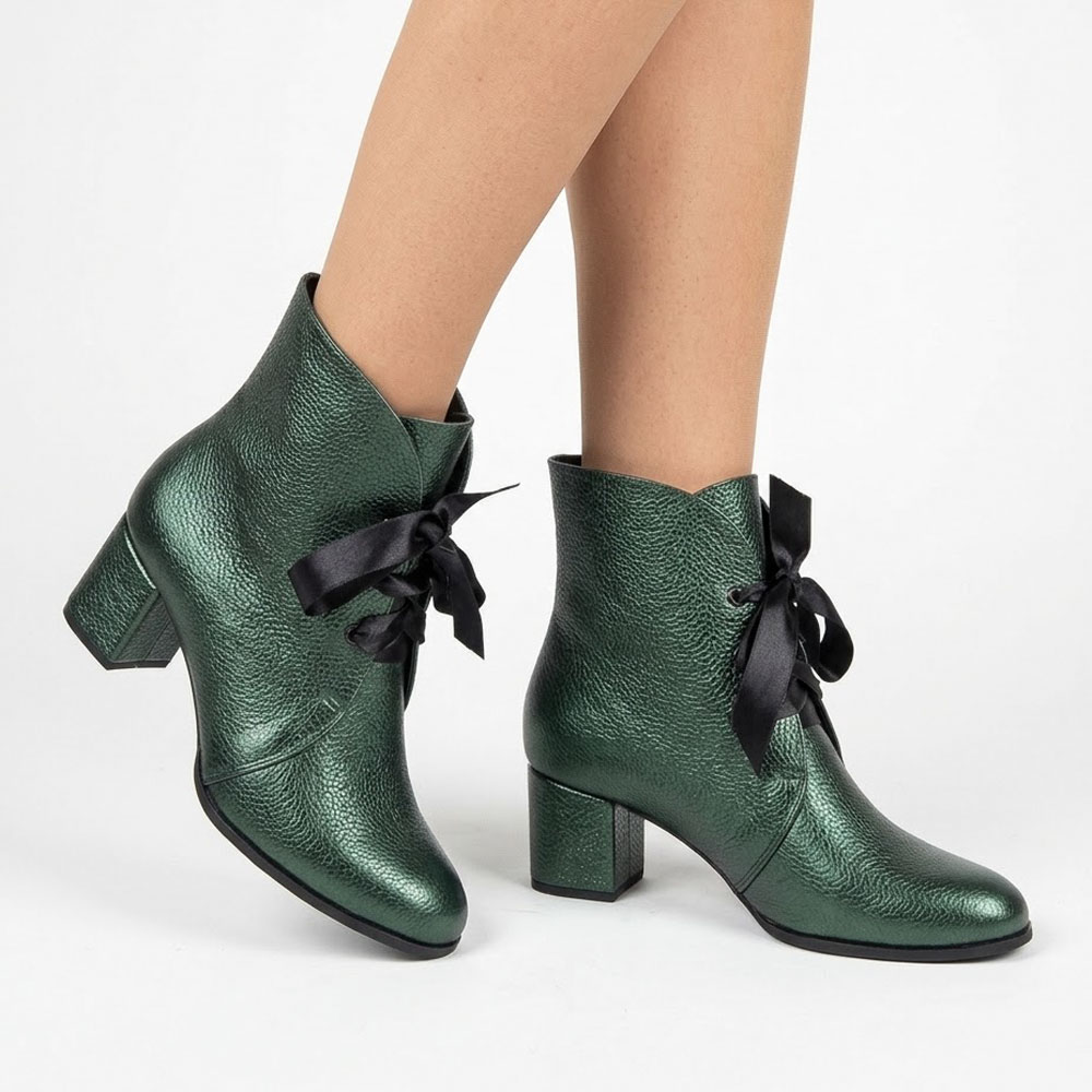 botine-verzi-cu-fundita-azazelea23 botine verzi din piele cu toc mic SV414 - imagine 1