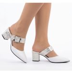 Pantofi albi eleganti din piele cu toc mic SV001133